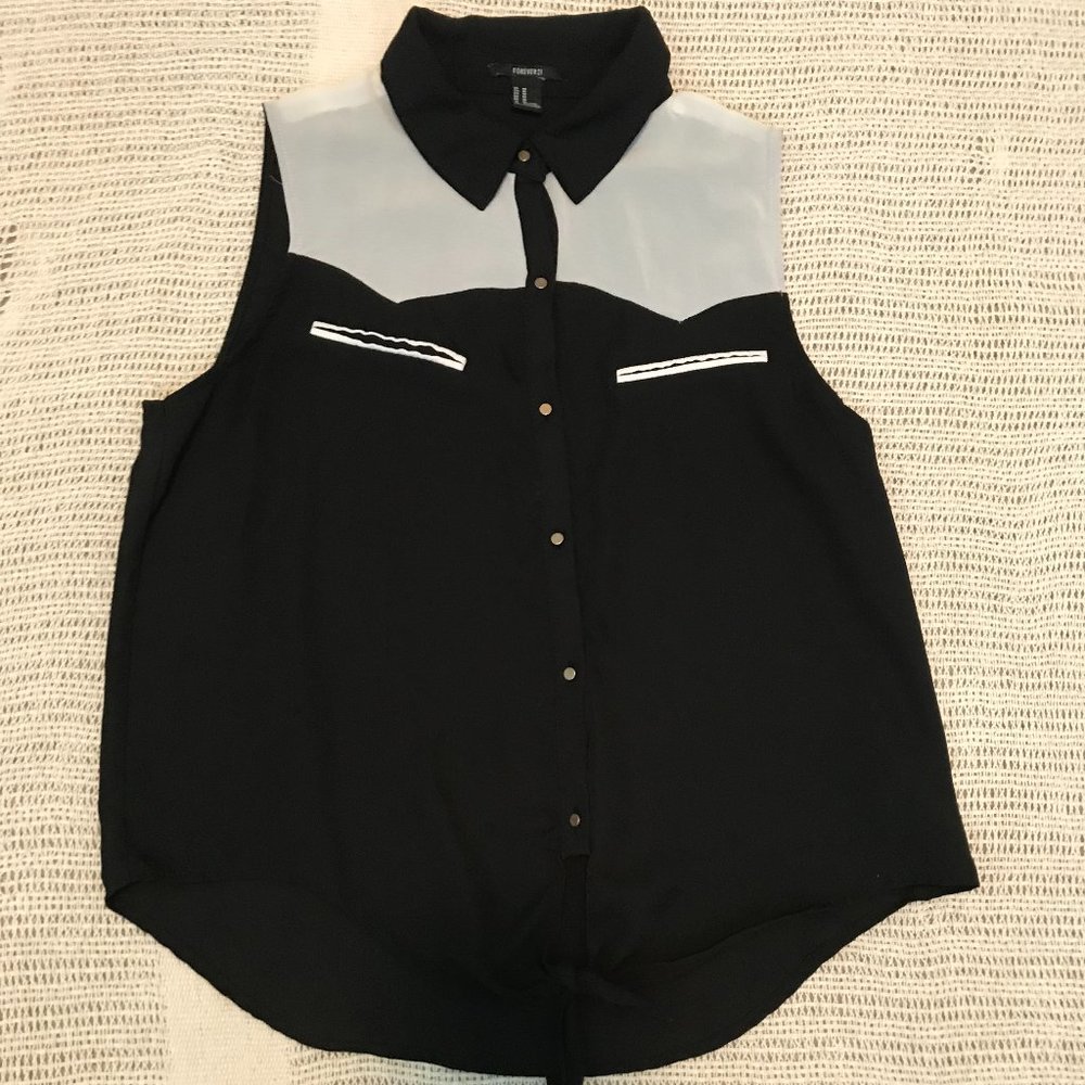 Black and White Collared Button-Up with Tie Bottom